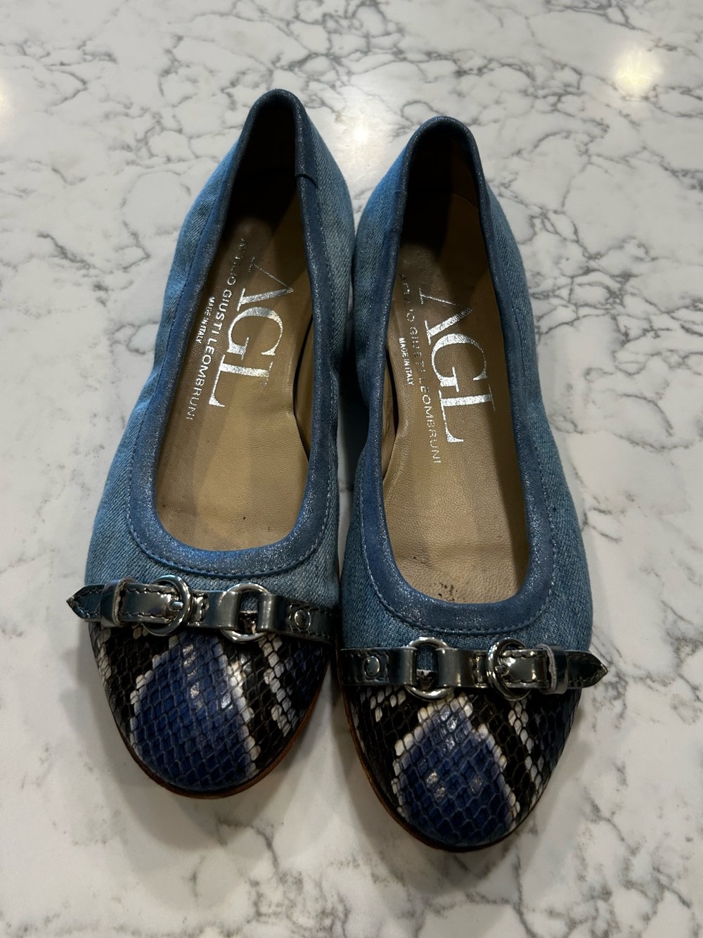 AGL Blue Denim Snake Print Toe Cap Flats‎ Shoes Size 38/8
